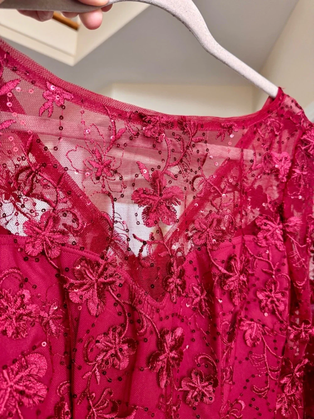 Adrianna Papell Floral Sequin Embroidered Lace Cocktail Dress 2 Pink Bell Sleeve - Picture 12 of 14